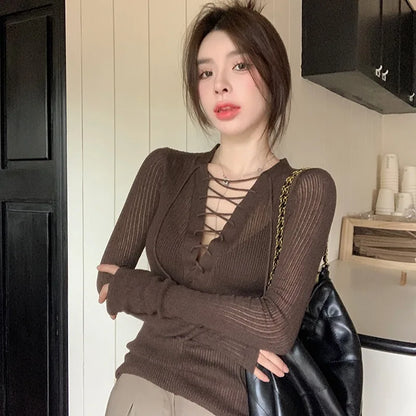 Women Lace-up Ribbed Knit Top Long Sleeve Crop Sweater Criss-cross V-Neck Fitted Pullover Teen-girl Sexy Club Fall Winter Outfit