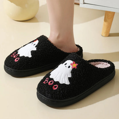 Halloween Ghost Plush Slippers Closed Toe Slippers Anti Slip Warm Slip-on House Shoes Soft Furry Slipper for Men Women