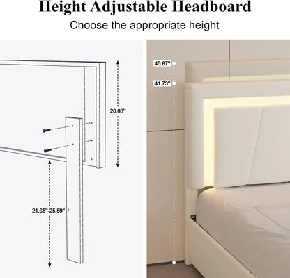 Queen Bed Frame with Storage Drawers, LED Headboard & Charging Station, Easy Assembly, White