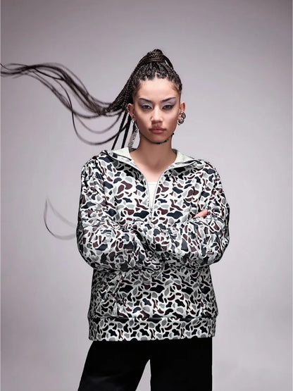 Women Camo Hoodie Oversized Quarter Zip Pullover Leopard Print Patchwork Hoodies