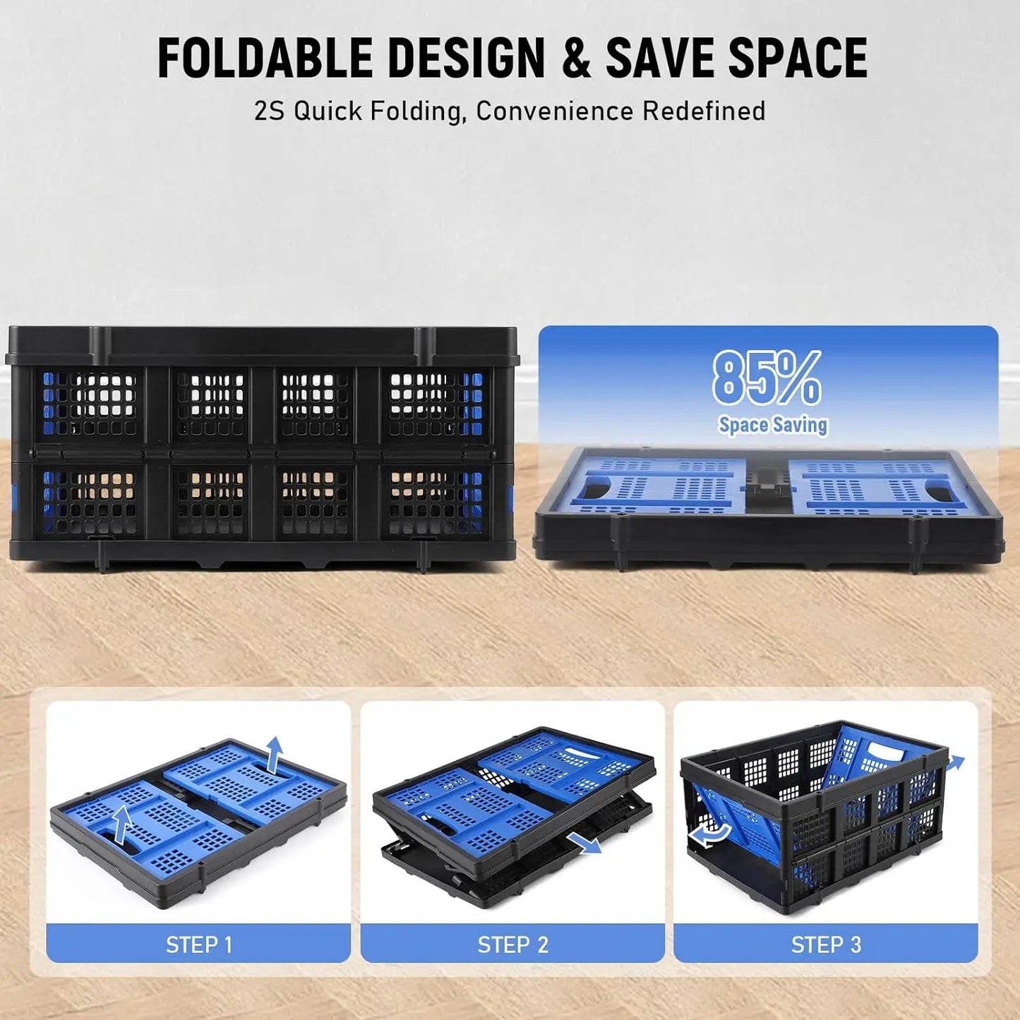 55L Heavy-Duty Collapsible Plastic Crate Foldable Storage Basket with Side Handles, Stackable Design for Food Drinks Books Tools