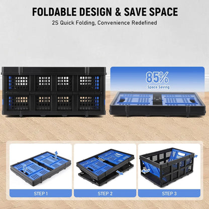 55L Heavy-Duty Collapsible Plastic Crate Foldable Storage Basket with Side Handles, Stackable Design for Food Drinks Books Tools