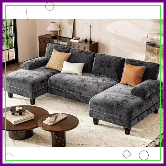 U-Shaped Sectional Sofa 111 Inch Modular Couch with Double Chaise, Large Lounge Sofa for Living Room Apartment Grey