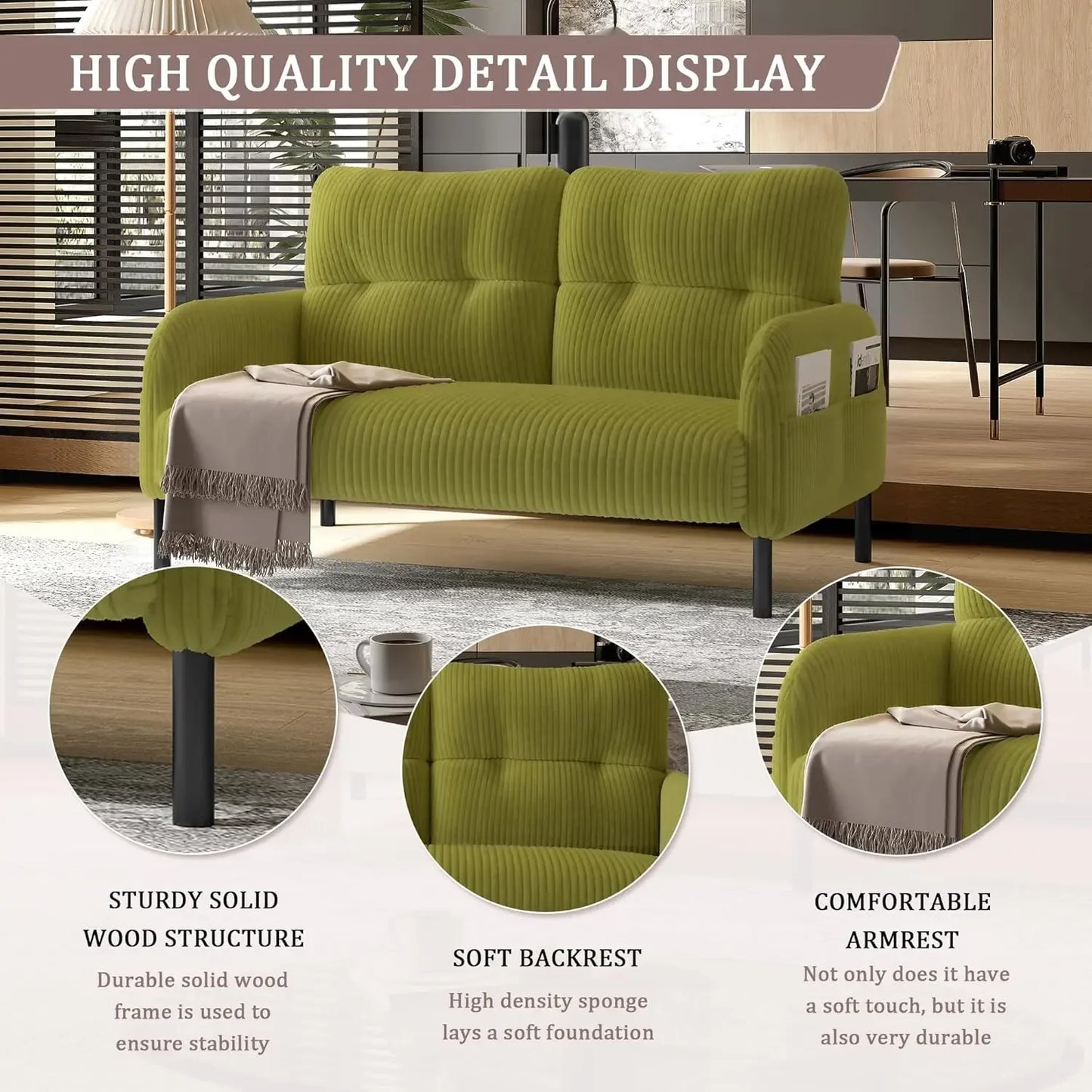 47" Loveseat Couch, Comfy Corduroy with Spring Cushion, Super Deep Seat Sofa Bed, Suitable for Living Rooms and, Customized