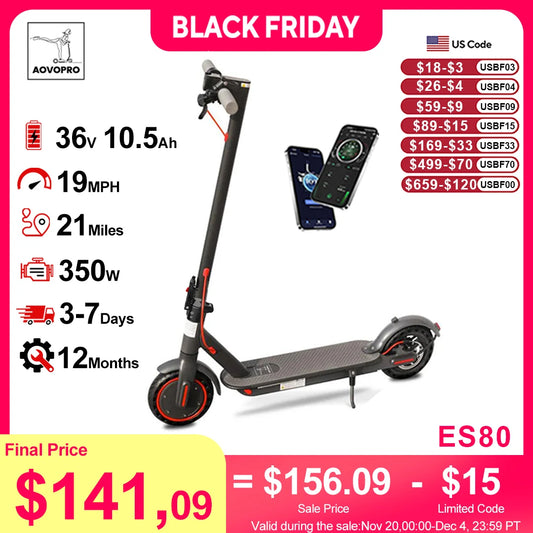 AOVOPRO ES80 350W Electric Scooter 10.5Ah 19mph Max Speed Smart APP Control 21miles Max Range Foldable E-Scooter for Adult