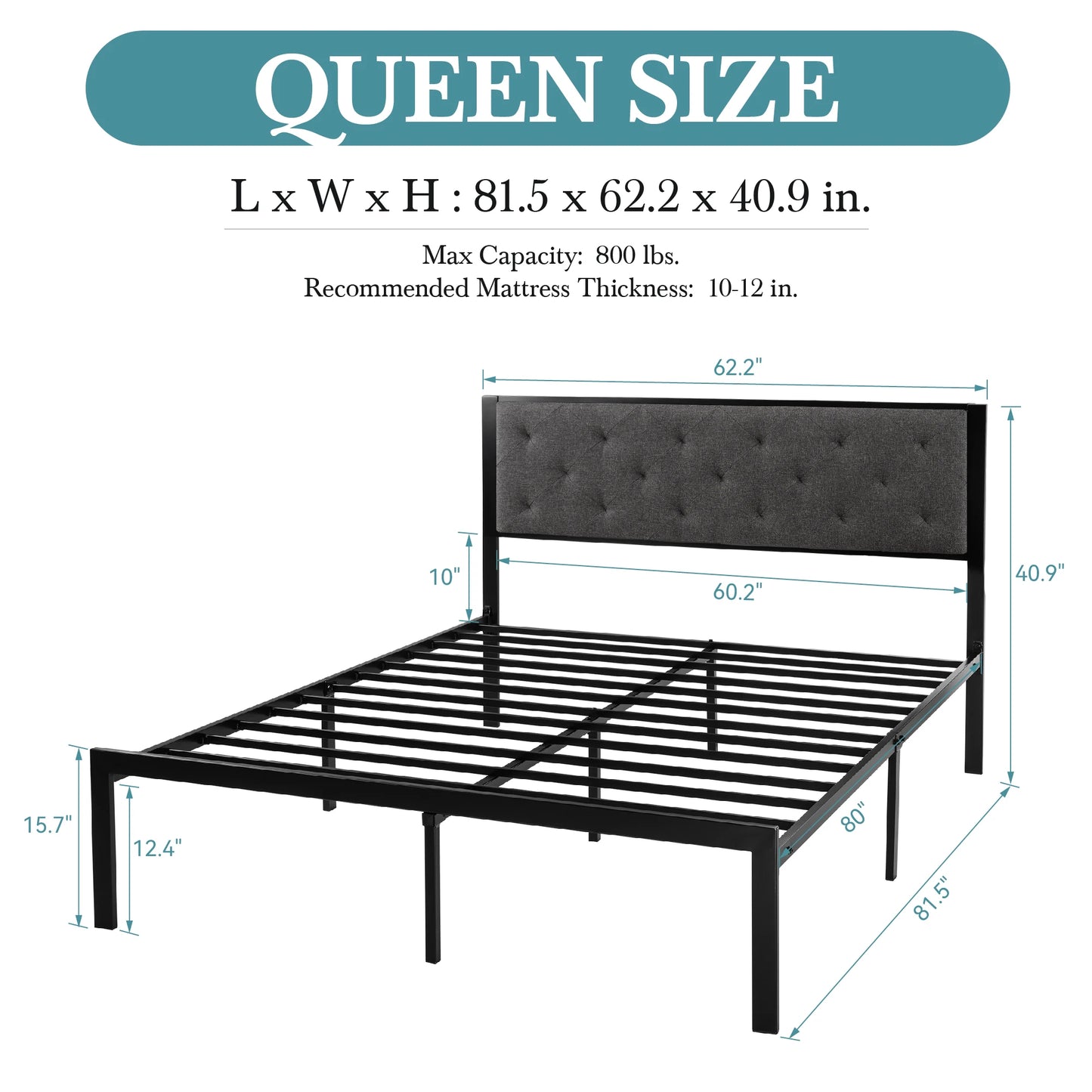 HOOMIC Metal Bed Frame with Upholstered Finely Stitched Headboard, Linen Fabric, Sturdy Foundation, No Box Spring Needed