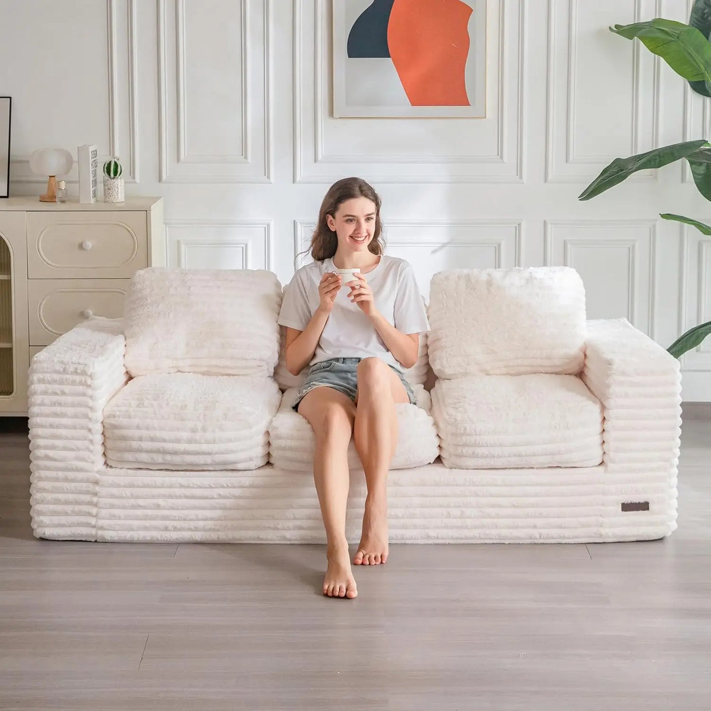 3 Seater Couch for Living Room, Boneless Couch with Tufted Cushion & Backrest, Upholstered Floor Sofa, Sofa in A, Customized