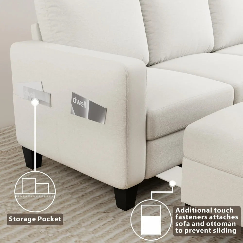 Sectional Sofa Couches for Living Room - 3 Seat L-Shaped Couch with Storage Ottoman, Comfy Fabric Convertible Sectionals