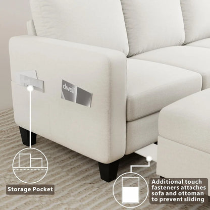 Sectional Sofa Couches for Living Room - 3 Seat L-Shaped Couch with Storage Ottoman, Comfy Fabric Convertible Sectionals