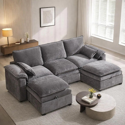 108" U Shaped Cloud Couch Sectional with Ottoman Storage, Chenille Modular Sectional Sofa with Pillow, Modern Deep, Customized