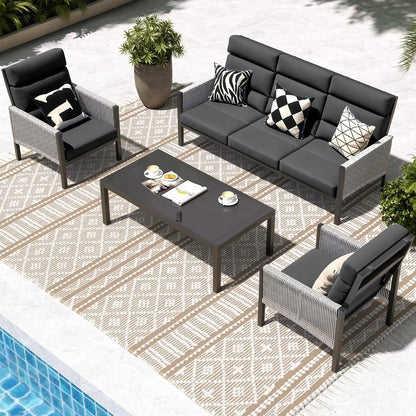 Aluminum Patio Furniture Set, High Back Outdoor Sectional Sofa, 4 Pieces Modern Conversation Sets for Porch, Balcony, Garden