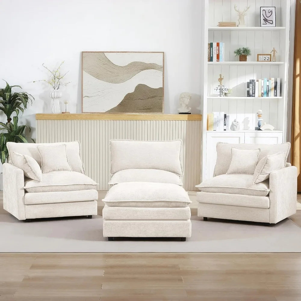 Beige Modular Sectional Sofa Cloud Couch L-Shape Convertible 3-Seater Chenille Upholstered with Ottoman Living Room