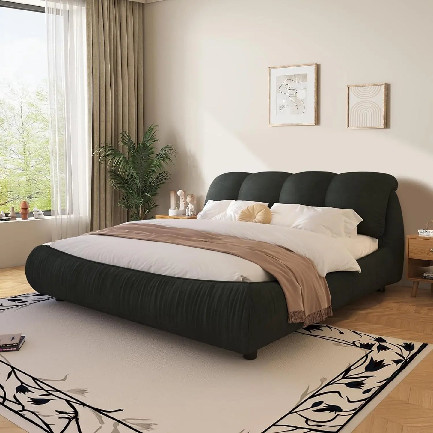 King Size Luxury Upholstered Cloud Bed Frame – Solid Wood Modern Platform Bed with Oversized Padded Backrest &, Customized