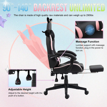 Dowinx Gaming Chair Cute with Cat Ears and Massage Lumbar Support, Ergonomic Computer Chair for Girl with Footrest and Headrest