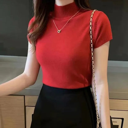 Korean Style Half Polo/turtle Neck Short Sleeves Knitted Top Women's Summer New Elegant Base Layer Top Slimming Cropped T-shirt