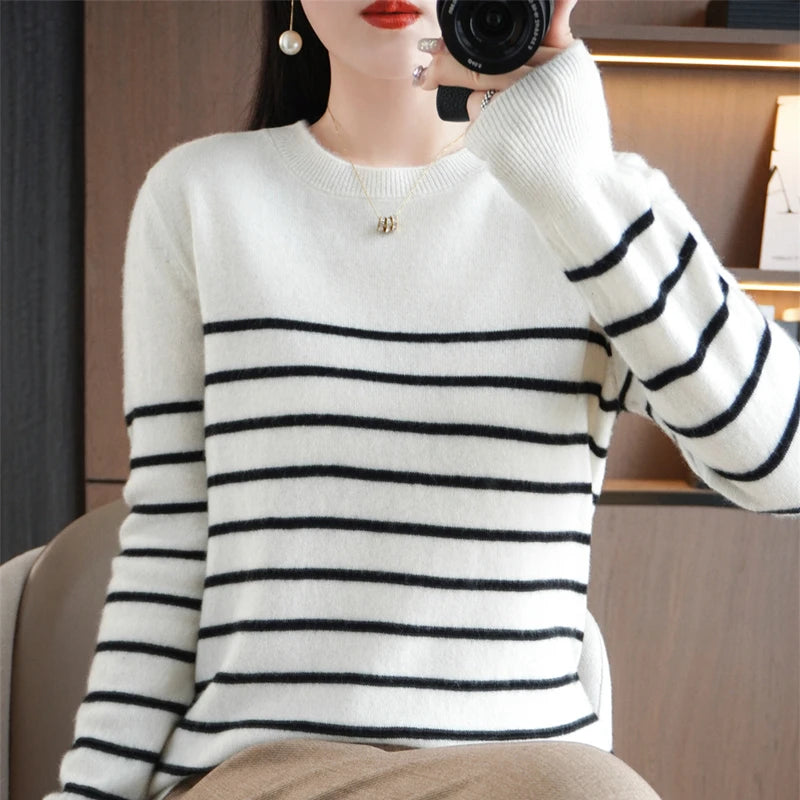 Spring Women's Pullover Sweater Striped Two-Color Sweater Long Sleeve Crewneck New 100% Cotton Pullover Sweater For Women-SMY257