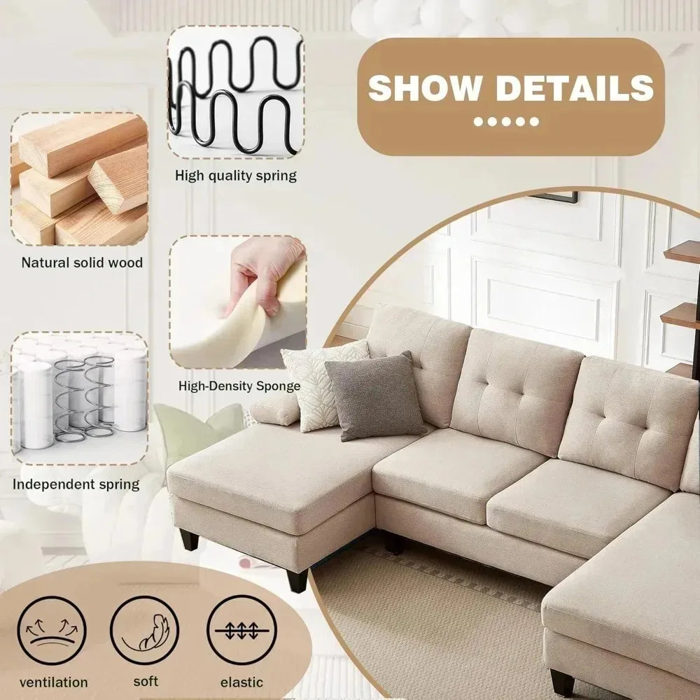 111'' Sectional Couch with Double Chaise – Modern Polyester Fibre U-Shaped Sofa, Upholstered 4-Seater for Living Room