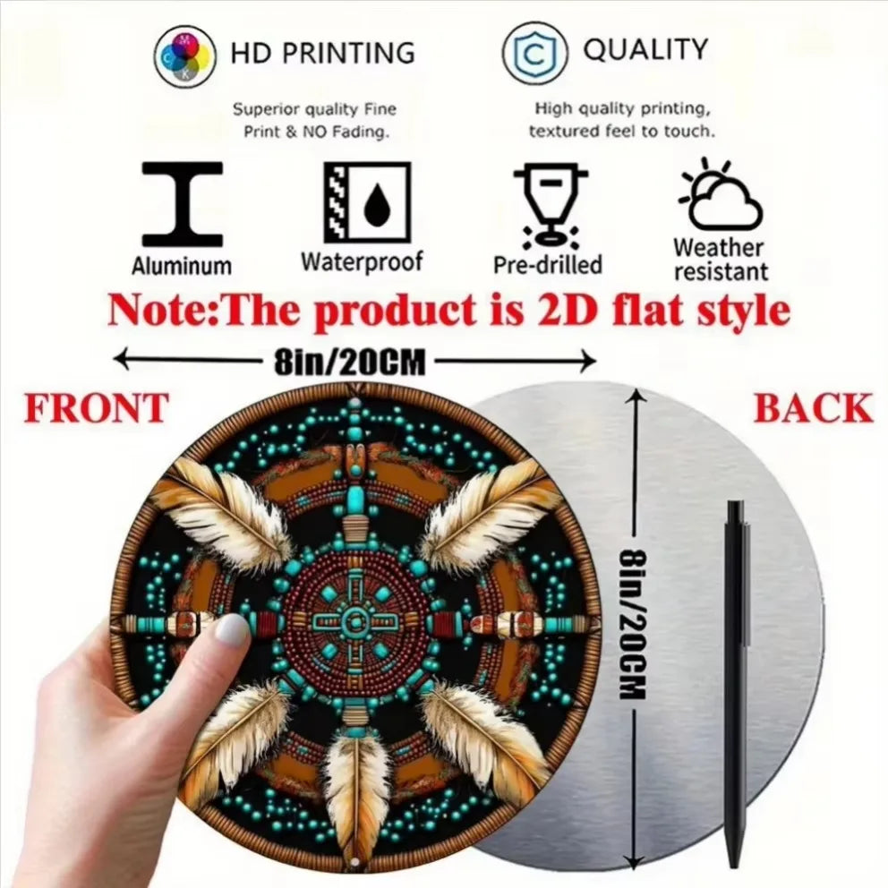 Native American-Themed 2D Flat Circular Aluminum Wall Plaque–8x8 Inch Vibrant Tribal Design in Turquoise, Orange, Brown & More"