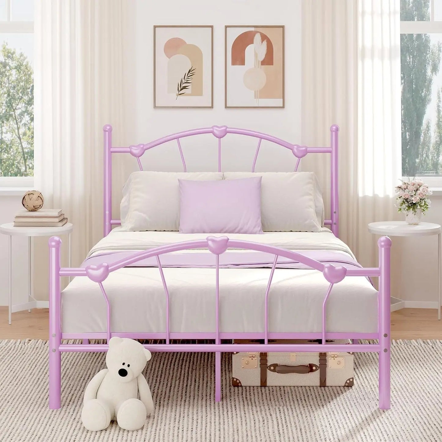 Metal Bed Frame, Bed Frame with Headboard, Heart-Shaped Decorative Headboard and Footboard, Heavy Duty Metal Slat Support