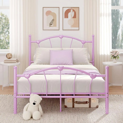 Metal Bed Frame, Bed Frame with Headboard, Heart-Shaped Decorative Headboard and Footboard, Heavy Duty Metal Slat Support