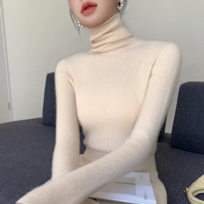 Women Long Sleeve Knitted Pullover Solid Casual Slim Sweater 2025 Autumn Winter Turtleneck Warm Jumper Simple Base Layer Top