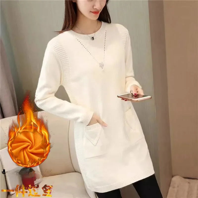 2024 New Style Korean Version Loose-Fit Medium-Length Knit Base Layer Top Women's Pullover Sweater Skirt Fleece-Lined Thickened