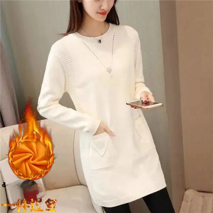2024 New Style Korean Version Loose-Fit Medium-Length Knit Base Layer Top Women's Pullover Sweater Skirt Fleece-Lined Thickened