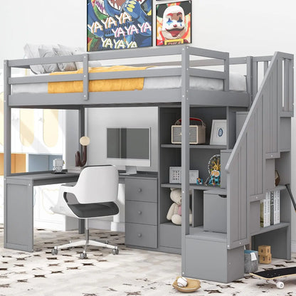 Solid Wood Loft Bed with L-Shaped Desk, Twin Loft Bed with Storage Drawers and Cabinets, White, Customized