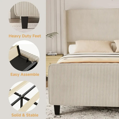 King Size Upholstered Bed Frame with USB Charging Ports - Tall Wingback Headboard & Footboard, Easy Assembly Design