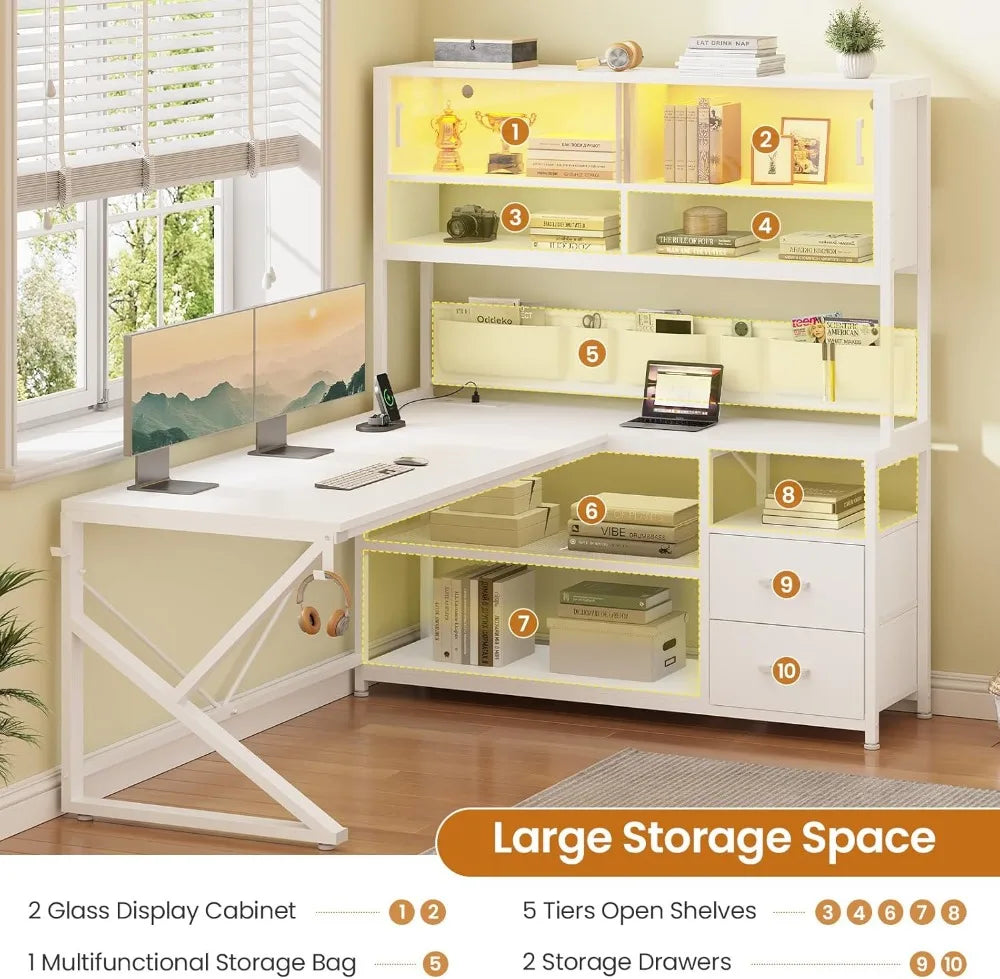 L-Shaped Gaming Desk with LED Lights, Glass Cabinet, Storage Shelves & Drawers, White Home Office Computer Corner Desk