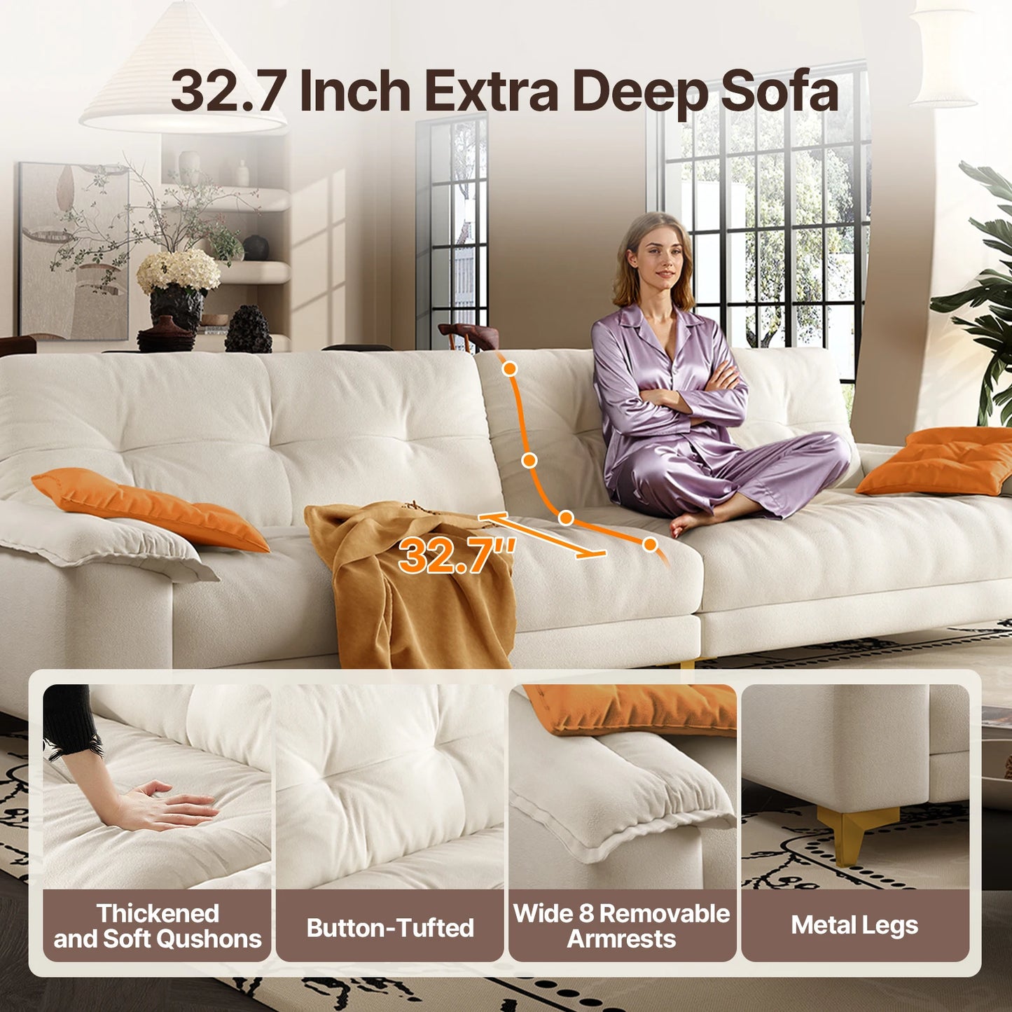 104.7" sectional Couch, mid-Century Modern 4-Seater Comfy Cloud Couch for Living Room Office, Button Tufted upholstered Metal Le