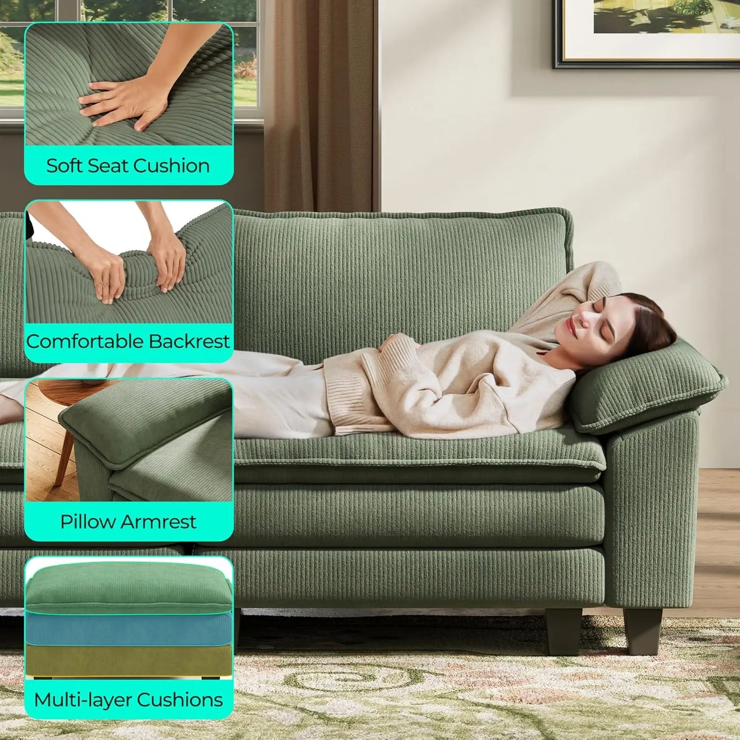 Cloud Sofa Accent Chair with Ottoman, Corduroy Couch for Living Room Apartment Bedroom Office in Green