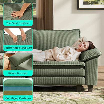 Cloud Sofa Accent Chair with Ottoman, Corduroy Couch for Living Room Apartment Bedroom Office in Green