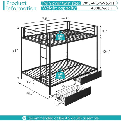Twin Over Twin Metal Bunk Bed with LED Lights, USB Charging Station, 2 Drawers, Guard Rails & Ladder – No Box Spring Needed,