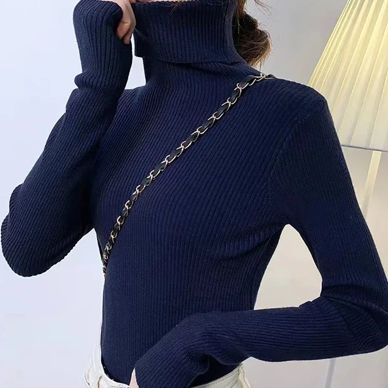 Women Solid Color Long Sleeves Turtleneck Knitted  Sweater Basic Soft Pullovers Simple Elegant Fashion New