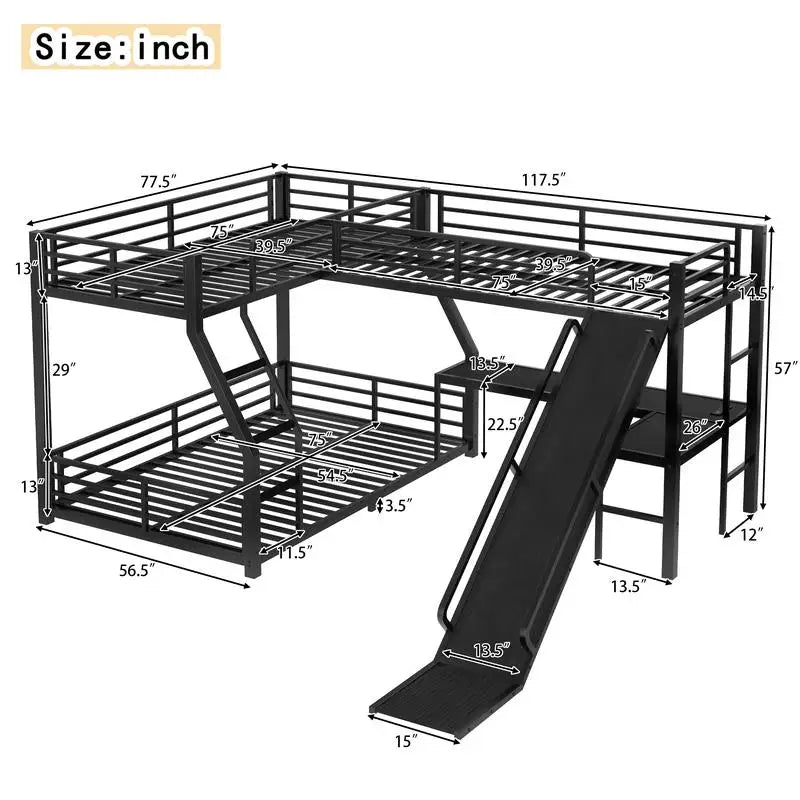 L-Shaped Twin over Full Bunk Bed with Loft, Metal Triple Bunk Bed with Slide, USB Ports, Space-saving, Noise-free Design, Black