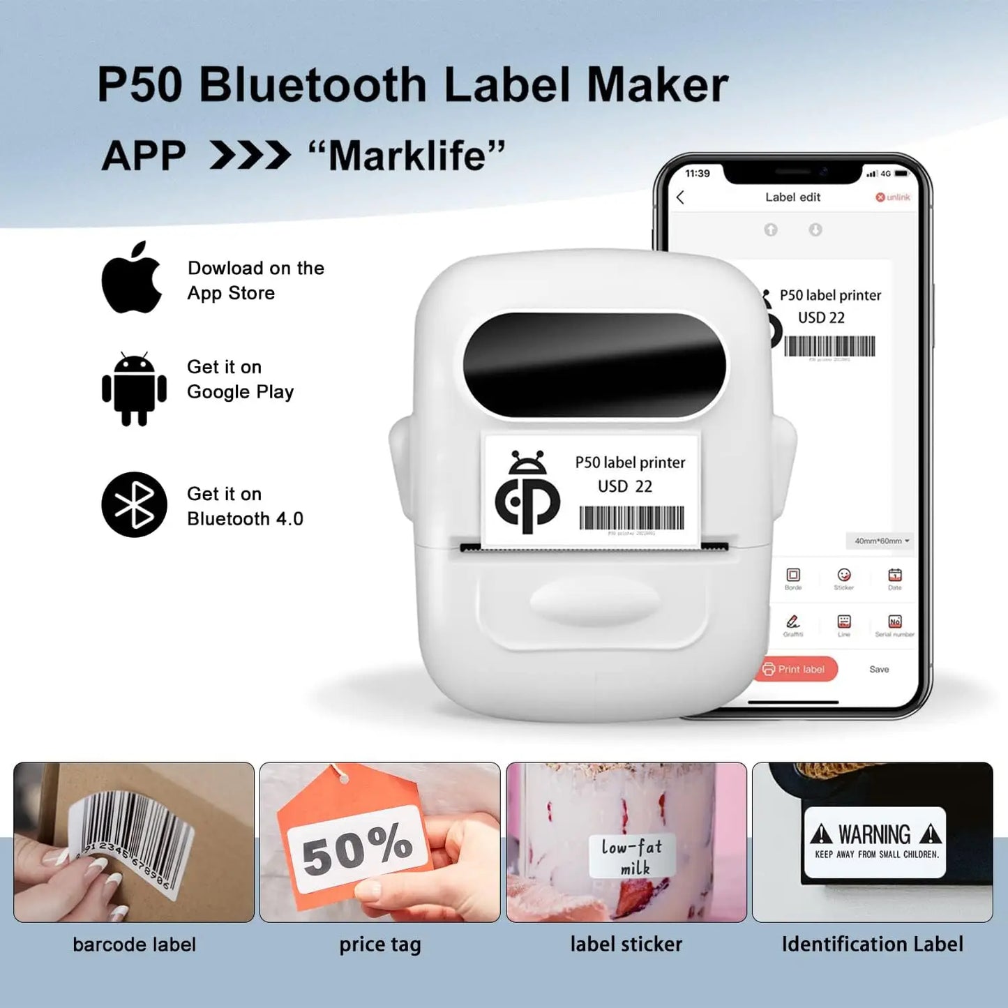 MARKLIFE P50 Mini Portable Bluetooth Thermal Label Printer for Address Clothing Jewelry Retail Barcode Office Compatible Phones
