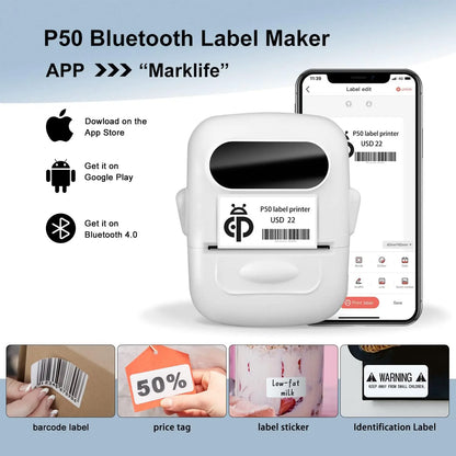 MARKLIFE P50 Mini Portable Bluetooth Thermal Label Printer for Address Clothing Jewelry Retail Barcode Office Compatible Phones