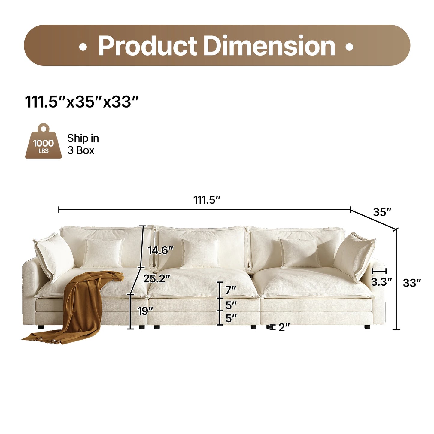 111.5" L Shaped Modern Sofa Modular Sectional Cloud Couch with Ottoman, 4-Seat Chenille Deep Seat Sofa with Pillow for Living Ro