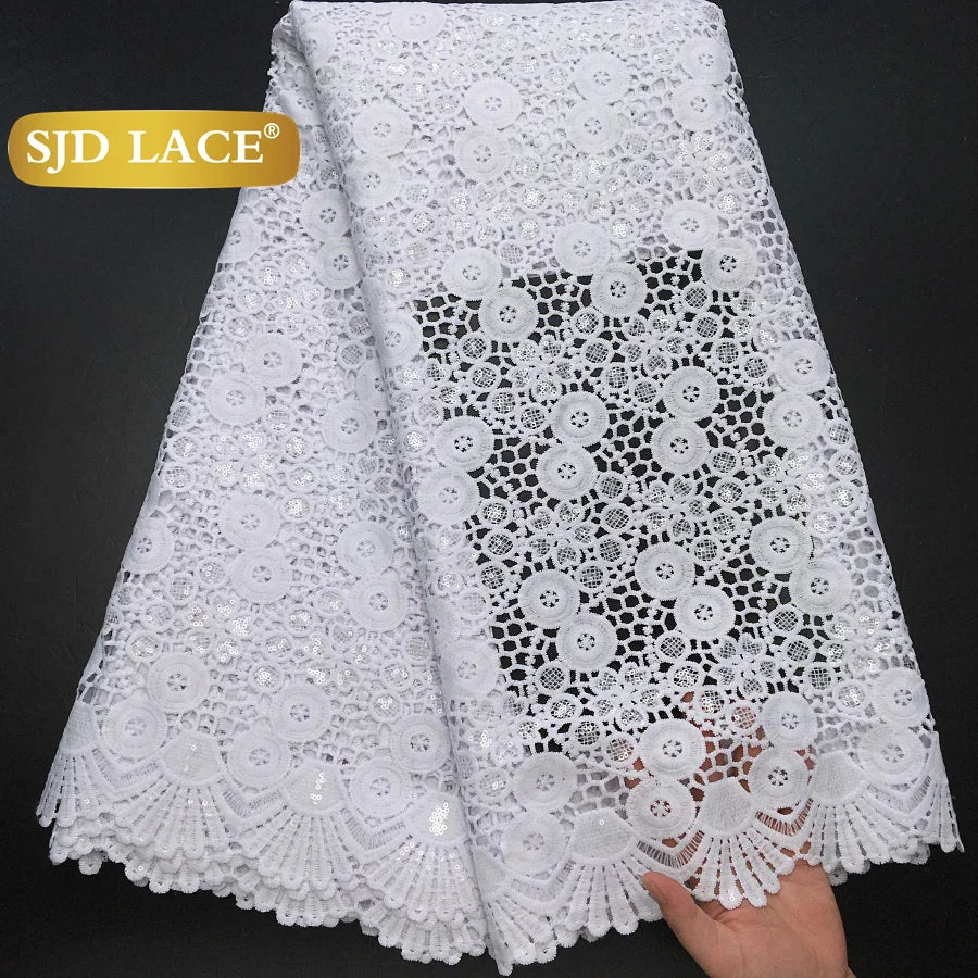 SJD LACE African Sequins Guipure Cord Lace Fabrics 5 Yards White 2025 New Nigerian Water Soluble Lace For Women Dresses Sew 4197