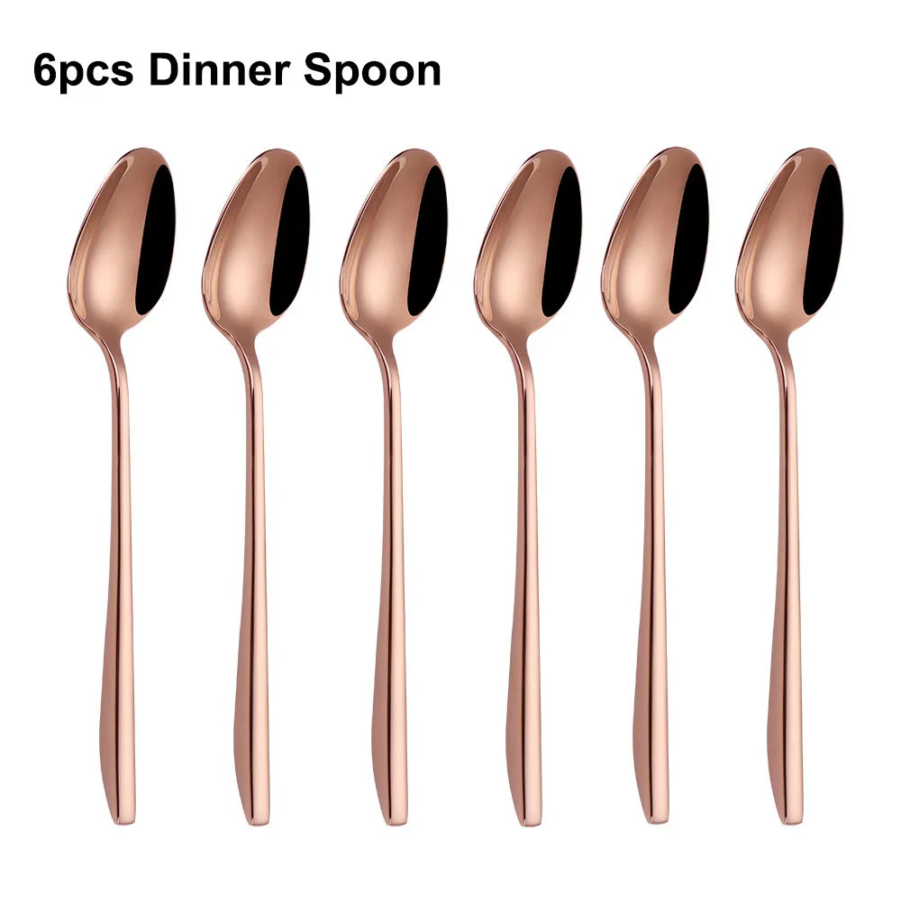 6Pcs Elegant Gold Flatware Set Stainless steel 304 Cutlery Mirror Silverware Rose Knife Fork High Polish Western Dinner Set