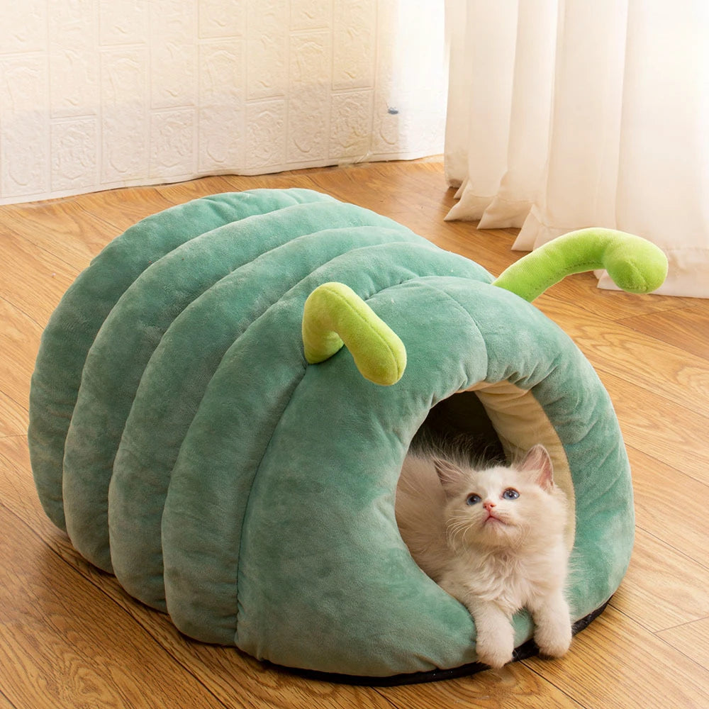 Cute Pet Nest Warm Soft Plush Cat Bed Cartoon Caterpillar Warm Thick Dog House Cat House Foldable Washable Pet Supplies Cat Tent