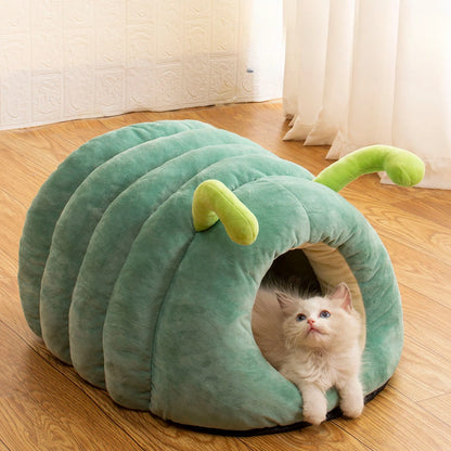 Cute Pet Nest Warm Soft Plush Cat Bed Cartoon Caterpillar Warm Thick Dog House Cat House Foldable Washable Pet Supplies Cat Tent