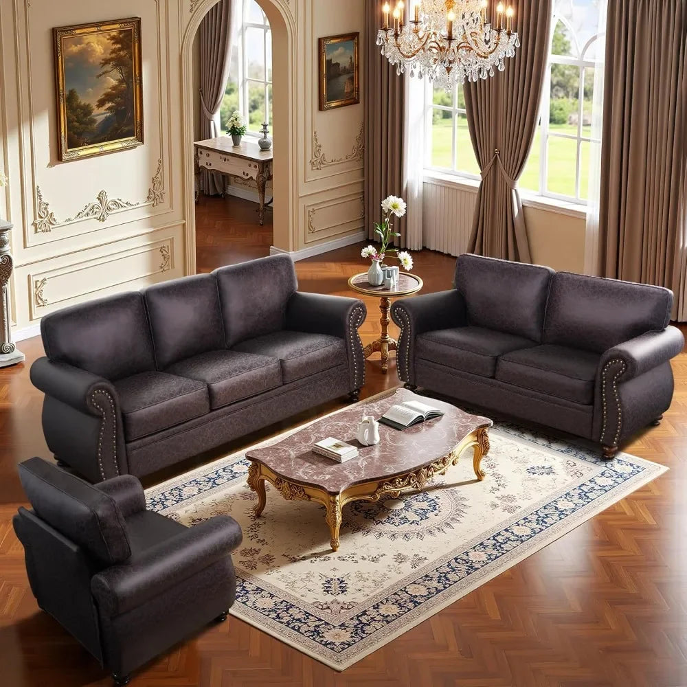 mid-century vintage sofa couches with rivet design,3-seater sofa,removable sofa cover upholstered cushions and solid wood frame