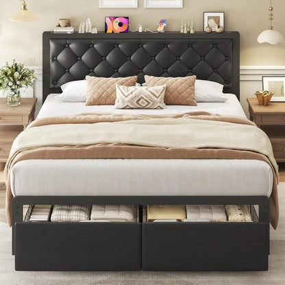 Frame with 2 Storage Drawers, Upholstered Headboard Button Tufted Bed Frame with Charging Station, No Box Spring Neede