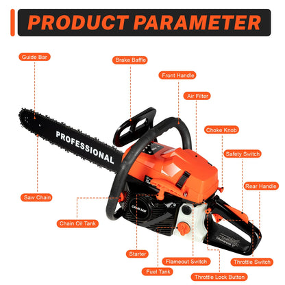 20 Inch 58CC Chainsaw 2600W Power Chain Saws Gas Powered 2 Stroke Handed Petrol Gasoline Chain Saw for Cutting Wood