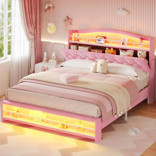 NEW Queen Szie Girls Bed with LED Lights & Charging Station, Princess Queen Size Bed Frame with Hidden Storage Headborad