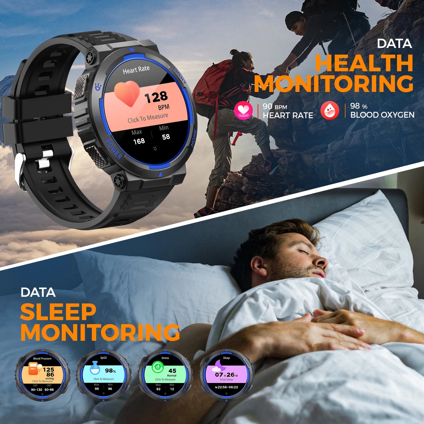 EIGIIS Military Smart Watches for men with LED Flashlight 1.53" IPS Screen Bluetooth Call with 100+ Sports Modes Fitness Tracker