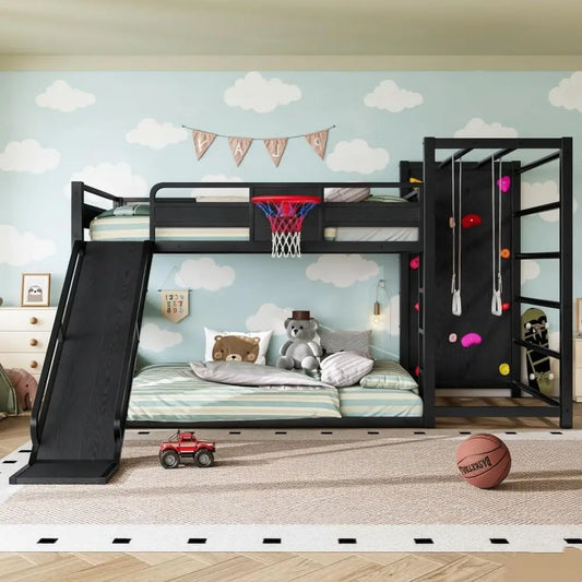 Twin Loft Bed with Slide, Basketball Hoop, Climbing Wall, and Shelves - Black Metal Gaming Bed