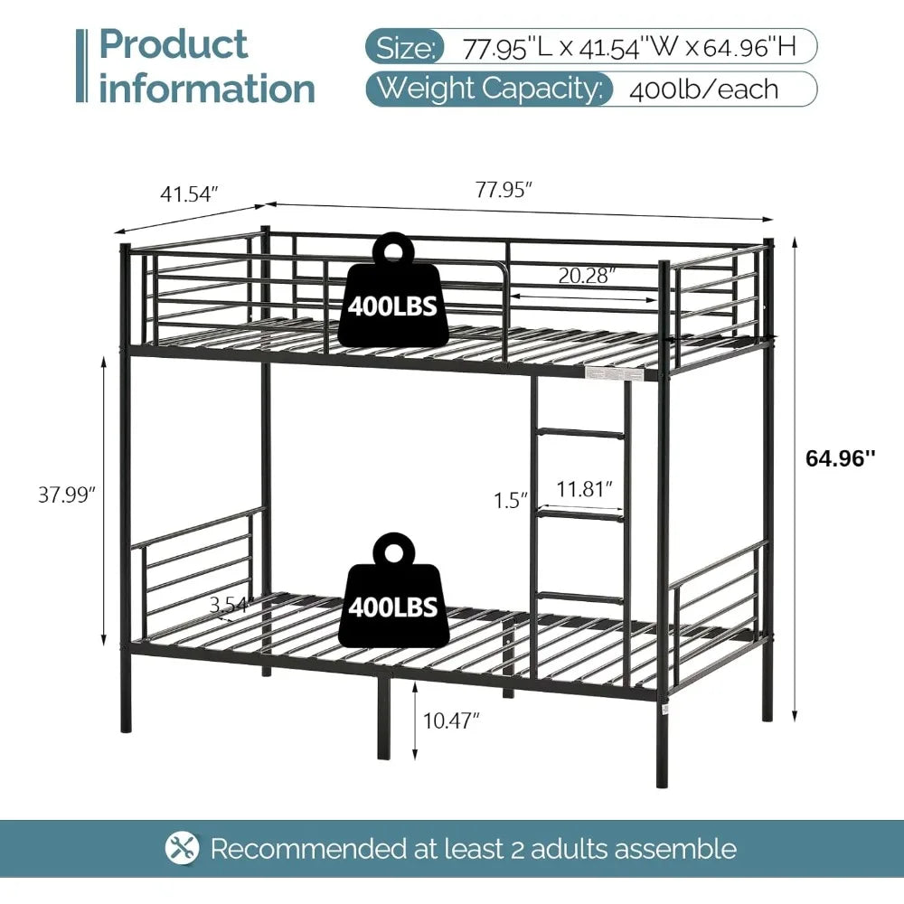 Bunk Bed Twin Over Twin for Kids/Teens/Adults Heavy Duty 2 Decker Bed with Flat Ladder and 13 inches High Guardrail,